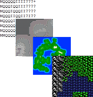 RhinoBuilder progression from text symbols through a drawn map to a generated game world