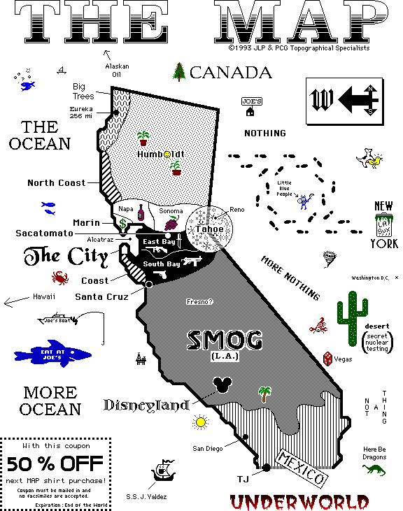 Humorous world map drawn in 1995